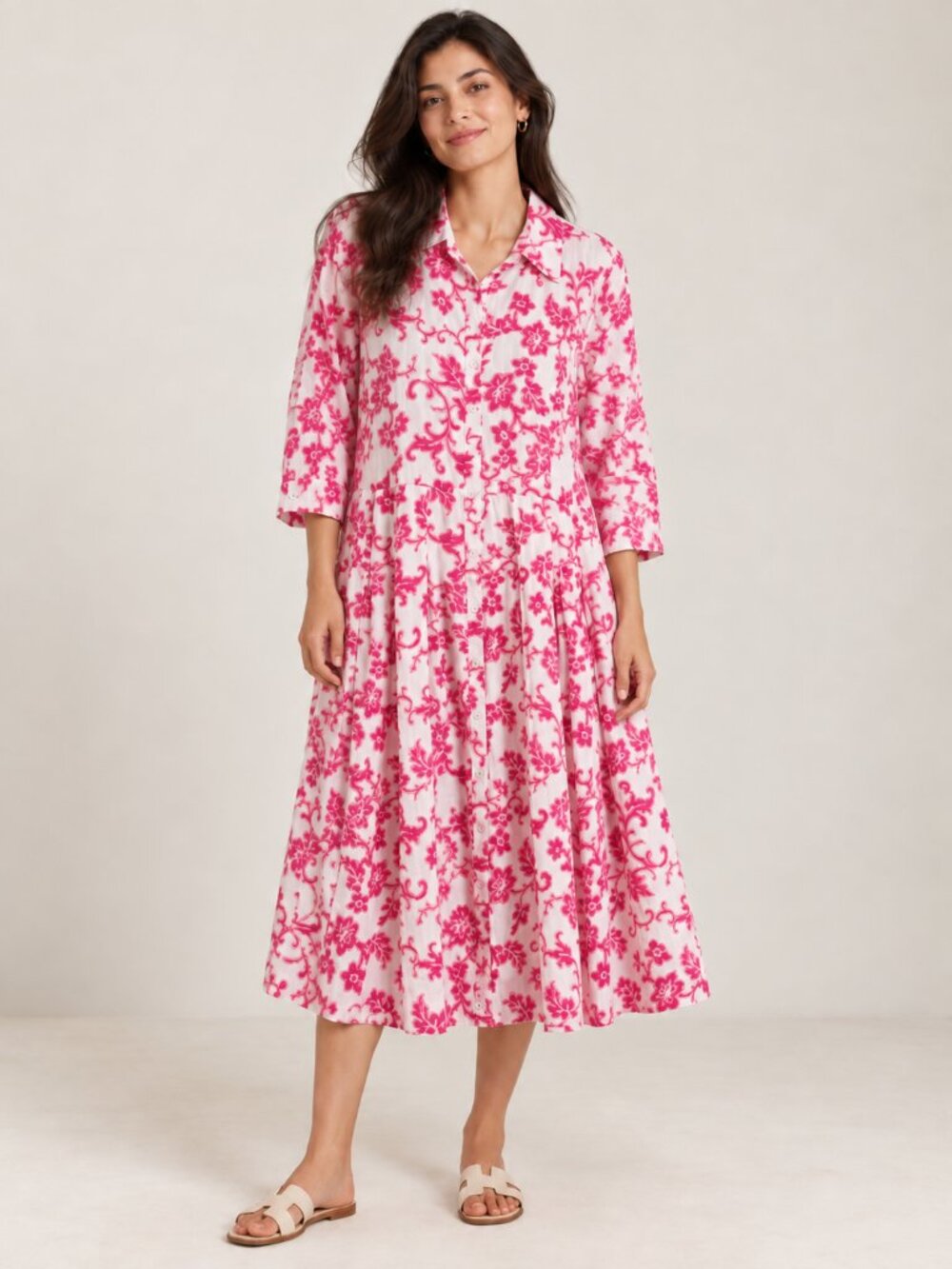 RO'S GARDEN Pink and White Floral 100% Cotton Oversized Shirtdress
